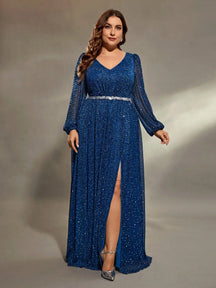 Vestido Azul Longo Plus Size Decote em V  Manga Longa Lanterna