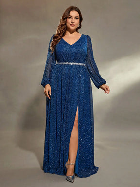 Vestido Azul Longo Plus Size Decote em V  Manga Longa Lanterna