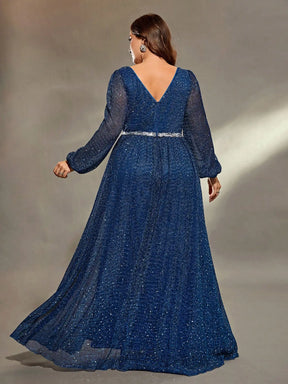 Vestido Azul Longo Plus Size Decote em V  Manga Longa Lanterna