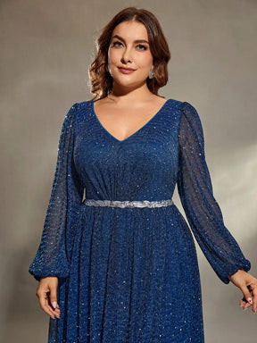 Vestido Azul Longo Plus Size Decote em V  Manga Longa Lanterna