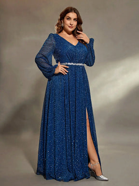 Vestido Azul Longo Plus Size Decote em V  Manga Longa Lanterna