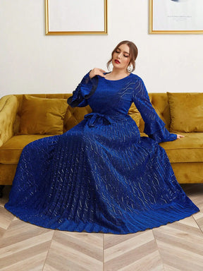 Vestido Azul Longo Plus Size Ilane Manga Longa
