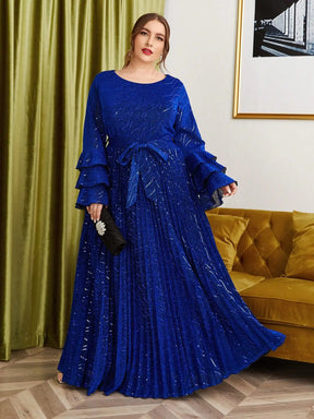 Vestido Azul Longo Plus Size Ilane Manga Longa