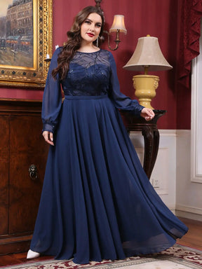 Vestido Azul Longo Plus Size em Torno do Pescoço Transparente