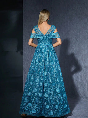 Vestido Azul Longo Renda Bordada Mangas Babados nos Ombros