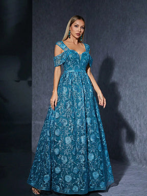Vestido Azul Longo Renda Bordada Mangas Babados nos Ombros