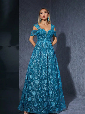 Vestido Azul Longo Renda Bordada Mangas Babados nos Ombros