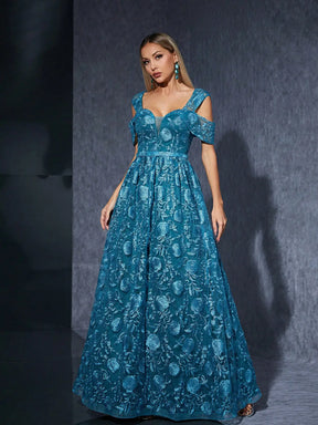 Vestido Azul Longo Renda Bordada Mangas Babados nos Ombros