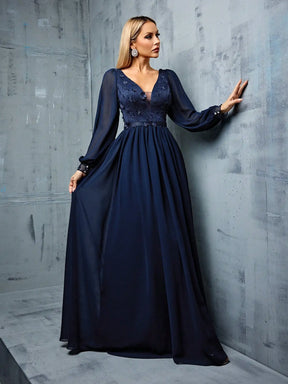 Vestido Azul Marinho Longo Apliques Retalhos Manga Longa Chiffon