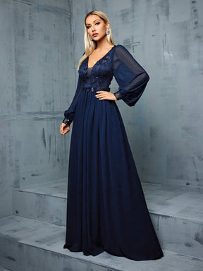 Vestido Azul Marinho Longo Apliques Retalhos Manga Longa Chiffon