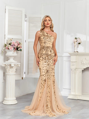 Vestido Champagne Longo Um Ombro Só com Lantejoulas