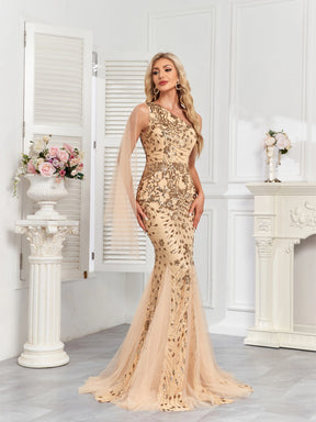 Vestido Champagne Longo Um Ombro Só com Lantejoulas
