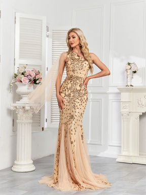 Vestido Champagne Longo Um Ombro Só com Lantejoulas