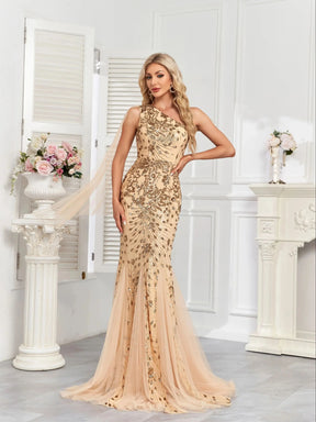 Vestido Champagne Longo Um Ombro Só com Lantejoulas