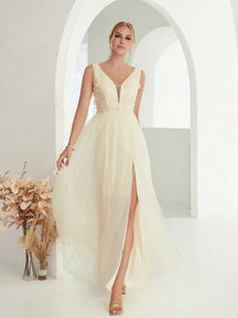 Vestido Longo Bordado Lantejoulas 3D Decote em V