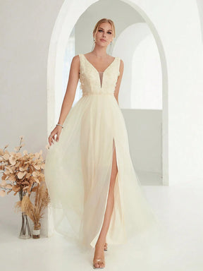 Vestido Longo Bordado Lantejoulas 3D Decote em V