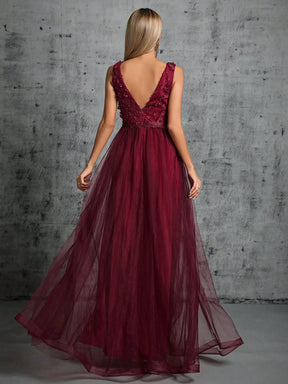 Vestido Longo Bordado Lantejoulas 3D Decote em V
