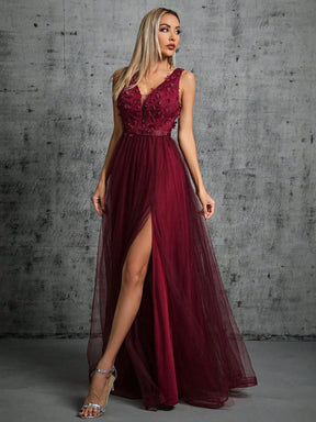 Vestido Longo Bordado Lantejoulas 3D Decote em V