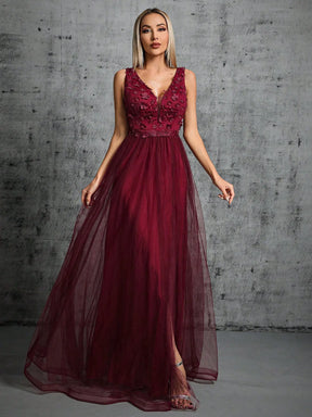 Vestido Longo Bordado Lantejoulas 3D Decote em V