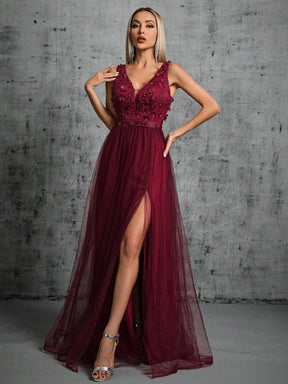 Vestido Longo Bordado Lantejoulas 3D Decote em V