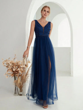 Vestido Longo Bordado Lantejoulas 3D Decote em V