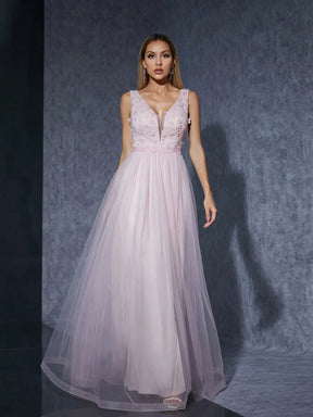 Vestido Longo Bordado Lantejoulas 3D Decote em V