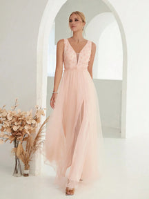 Vestido Longo Bordado Lantejoulas 3D Decote em V