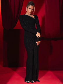 Vestido Longo Drapeado com Brilho Noite de Cristal