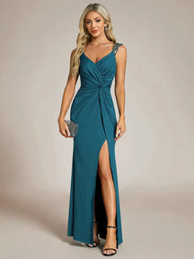 Vestido Longo Glitter Alta Fenda com Alça de Ombro