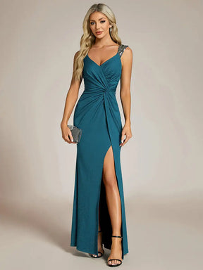 Vestido Longo Glitter Alta Fenda com Alça de Ombro