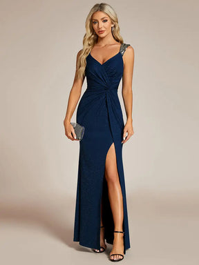Vestido Longo Glitter Alta Fenda com Alça de Ombro