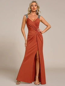 Vestido Longo Glitter Alta Fenda com Alça de Ombro