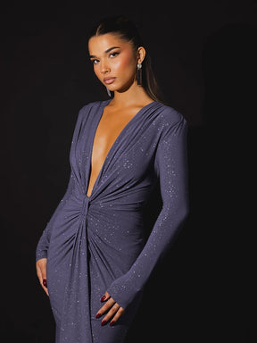 Vestido Longo Glitter Decote em V Profundo