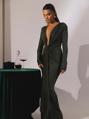 Vestido Longo Glitter Decote em V Profundo