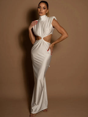 Vestido Longo Gola Alta Sem Mangas Recortes Vazados