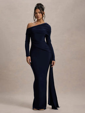 Vestido Longo Gola Inclinada Manga Longa