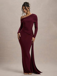 Vestido Longo Gola Inclinada Manga Longa