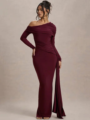 Vestido Longo Gola Inclinada Manga Longa