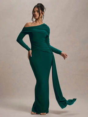 Vestido Longo Gola Inclinada Manga Longa