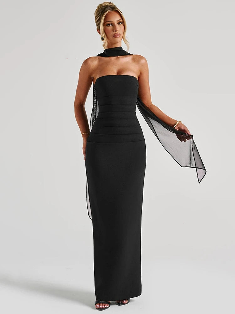 Vestido Longo Ombro a Ombro com Cachecol Colarinho