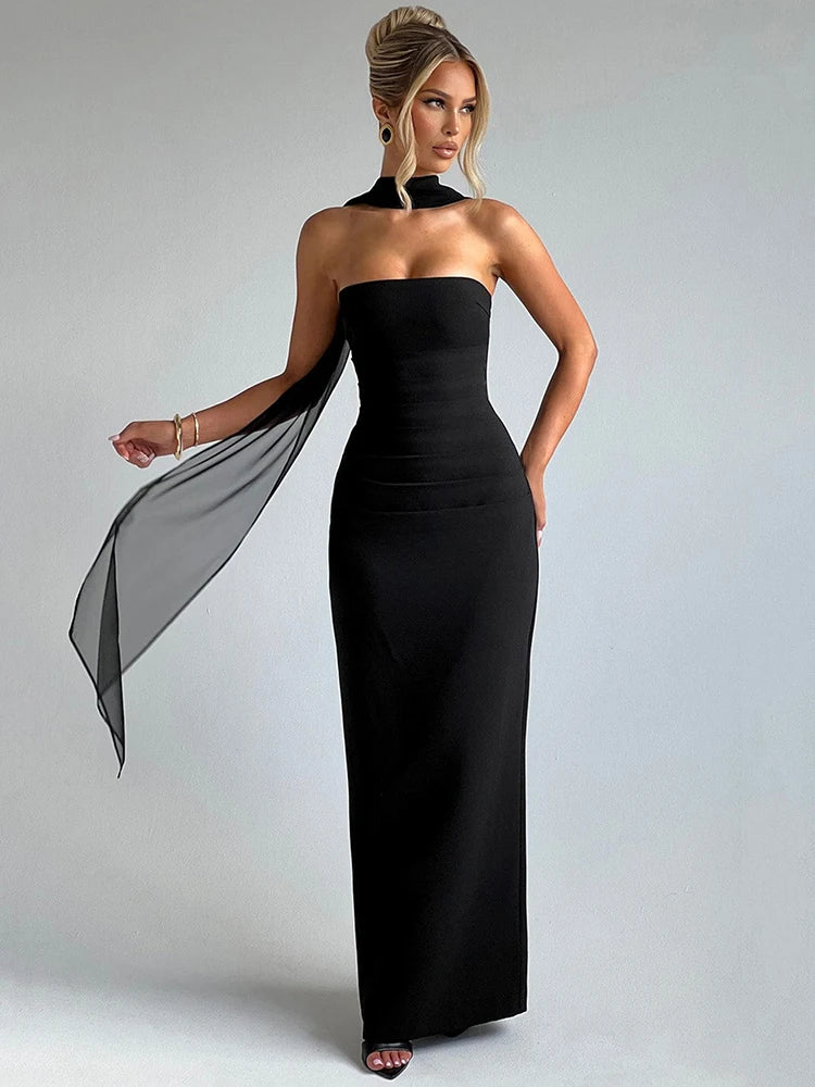 Vestido Longo Ombro a Ombro com Cachecol Colarinho
