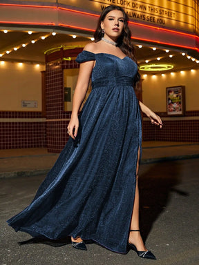 Vestido Longo Plus Size Manga Curta Linha Pescoço Alta Fenda