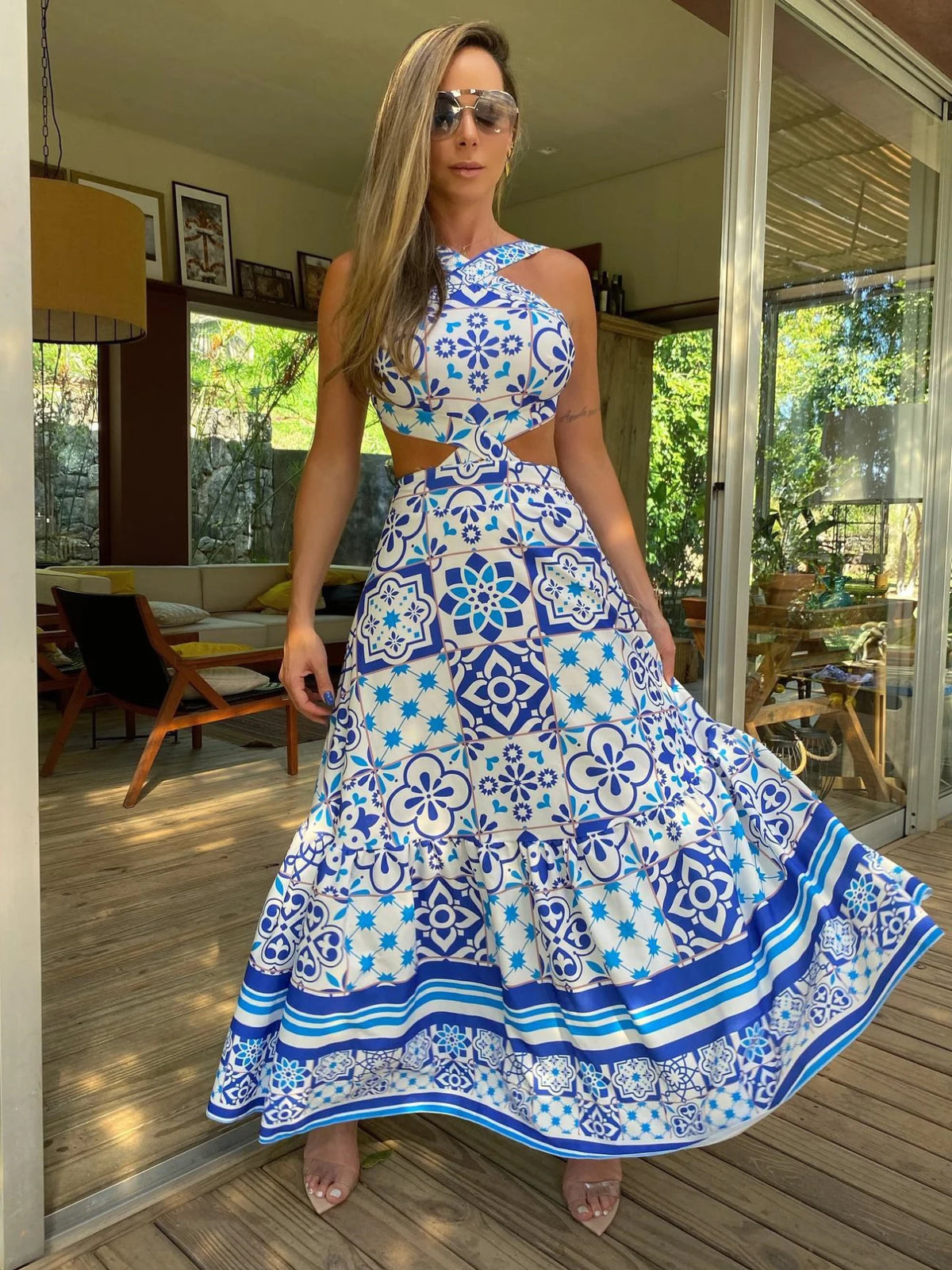 Vestido Longo Porcelana Azul