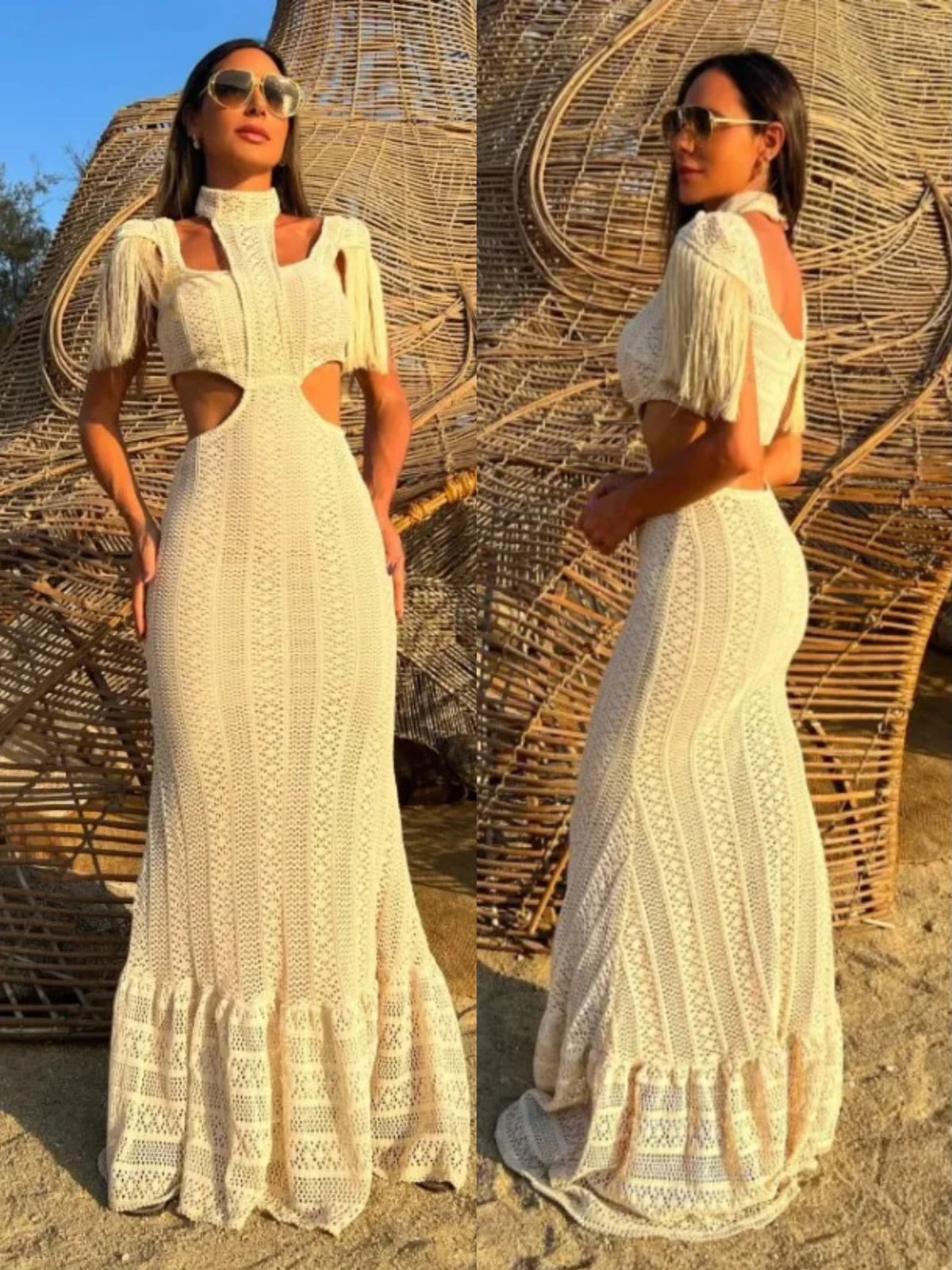 Vestido Longo Vazado Renda Gola Alta