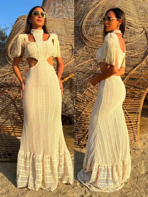 Vestido Longo Vazado Renda Gola Alta