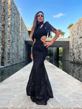 Vestido Longo Vazado Renda Gola Alta