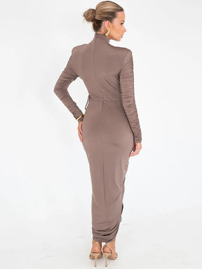 Vestido Longo de Manga Longa com Gola Alta e Franzidos