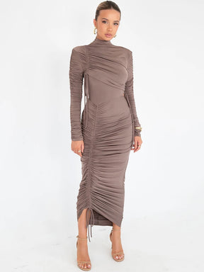 Vestido Longo de Manga Longa com Gola Alta e Franzidos