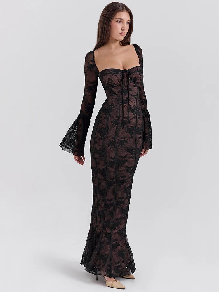Vestido Longo de Renda Manga Longa