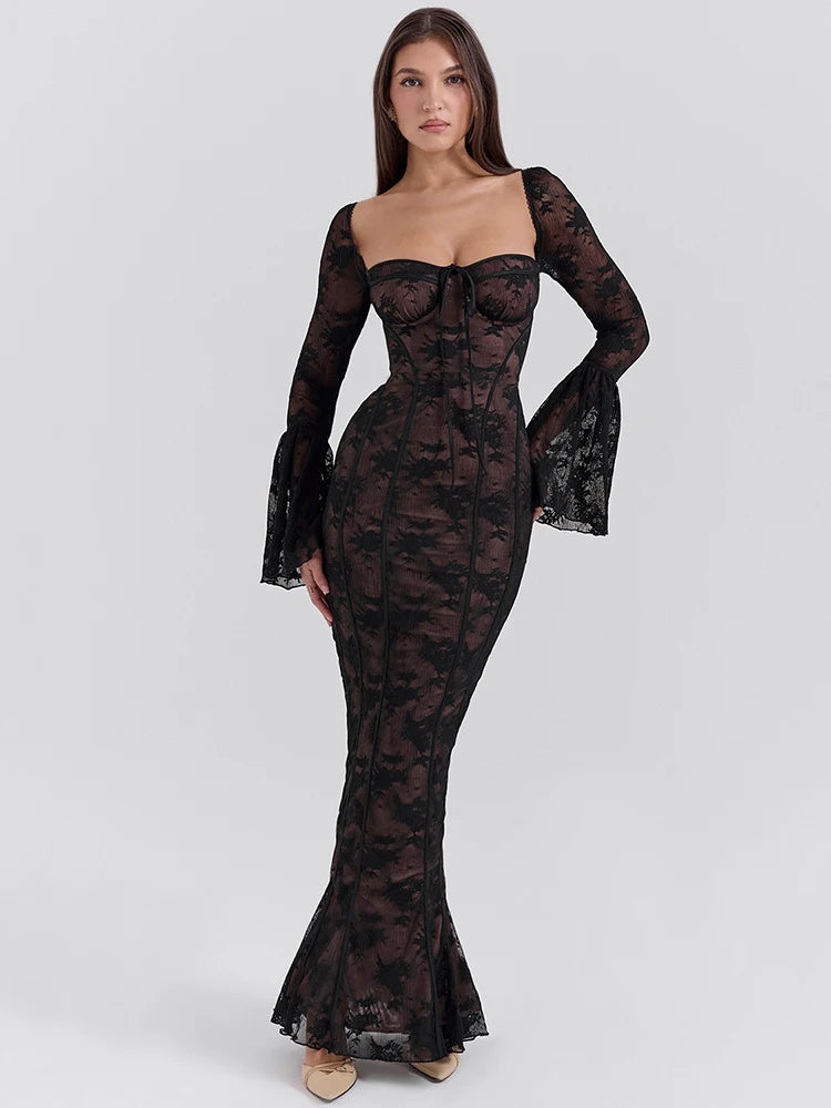 Vestido Longo de Renda Manga Longa
